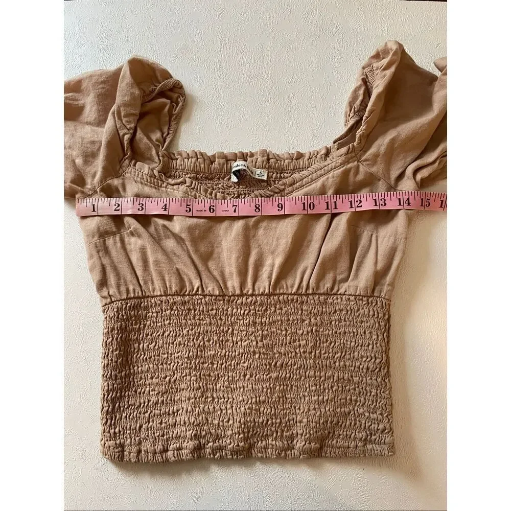 Abercrombie & Fitch Smocked Puff Sleeve Crop Top Beige Size S Cottagecore